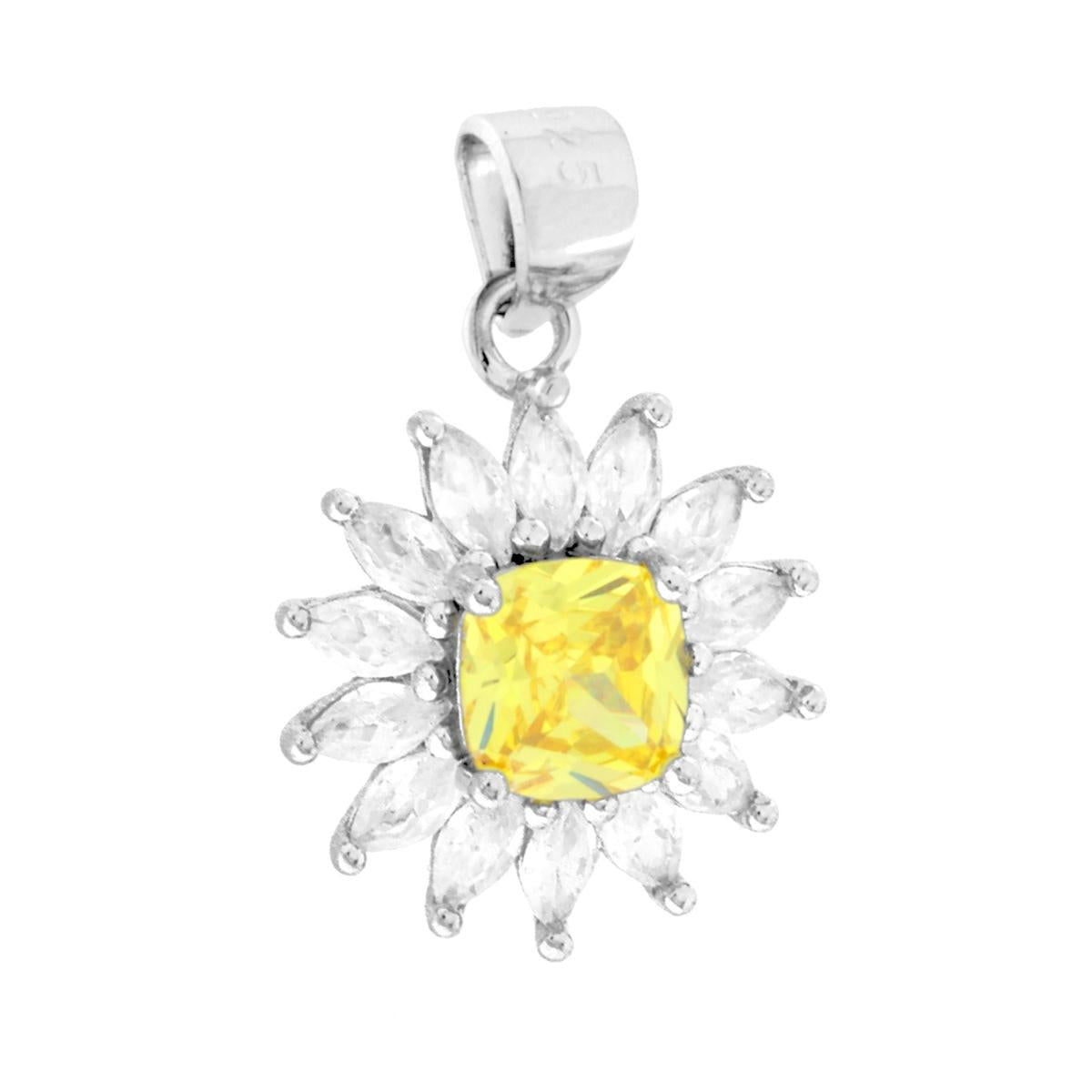 Ciondolo Quadrato Cushion Topazio Giallo contornato da Cubic Zirconia Marquise Bianchi in ARGENTO 925 Galvanica Rodio