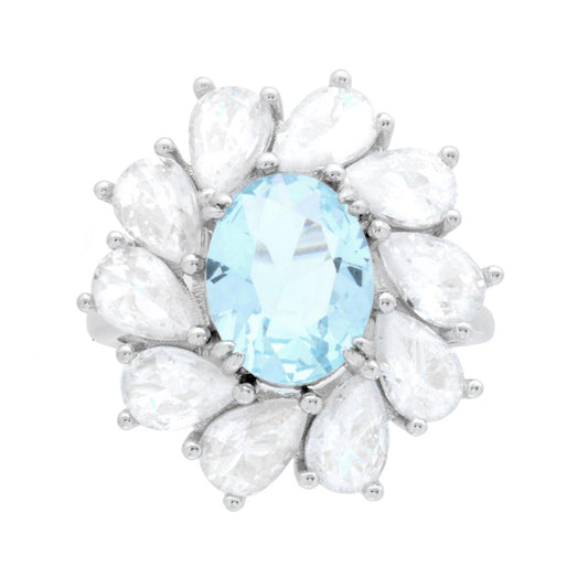 Anello Ovale Acquamarina contornato da gocce Cubic Zirconia Bianchi in ARGENTO 925 Galvanica Rodio