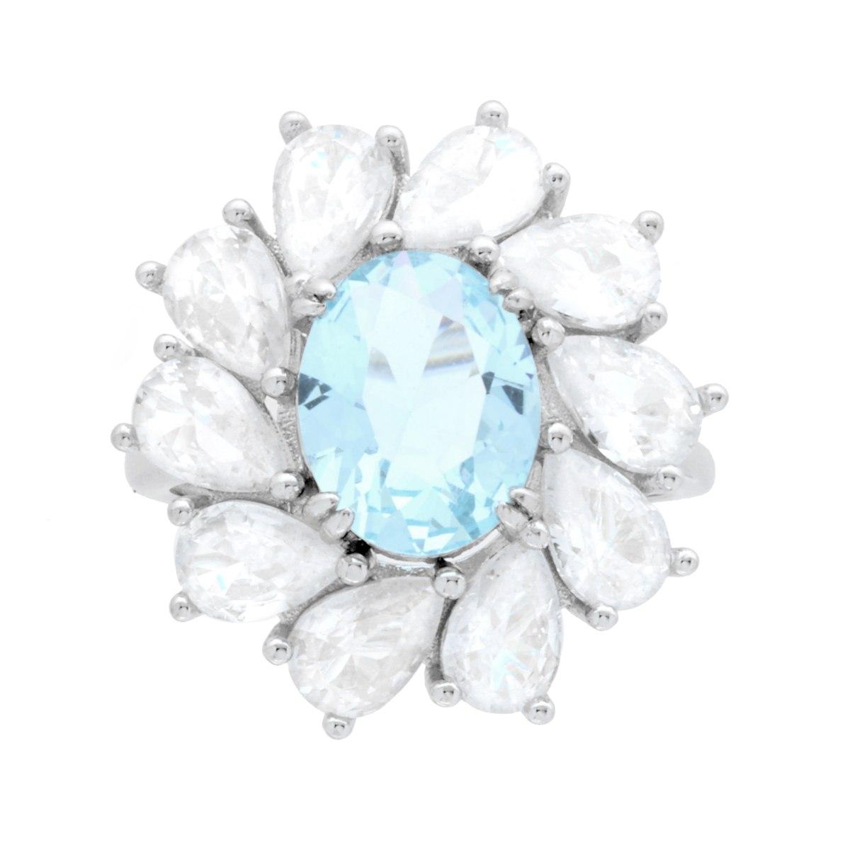 Anello Ovale Acquamarina contornato da gocce Cubic Zirconia Bianchi in ARGENTO 925 Galvanica Rodio