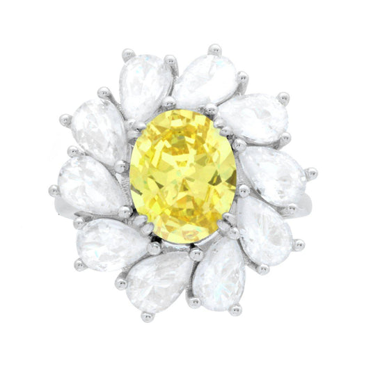 Anello Ovale Topazio Giallo contornato da gocce Cubic Zirconia Bianchi in ARGENTO 925 Galvanica Rodio