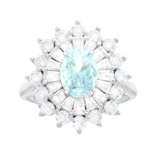 Anello Ovale Acquamarina contornato da Cubic Zirconia Trapezio Bianchi in ARGENTO 925 Galvanica Rodio