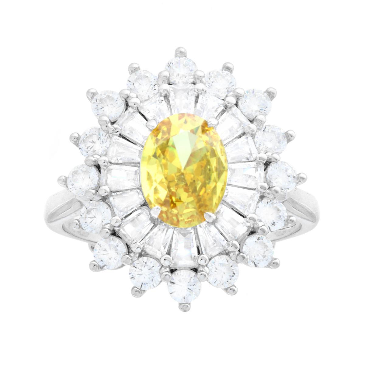 Anello Ovale Topazio Giallo contornato da Cubic Zirconia Trapezio Bianchi in ARGENTO 925 Galvanica Rodio