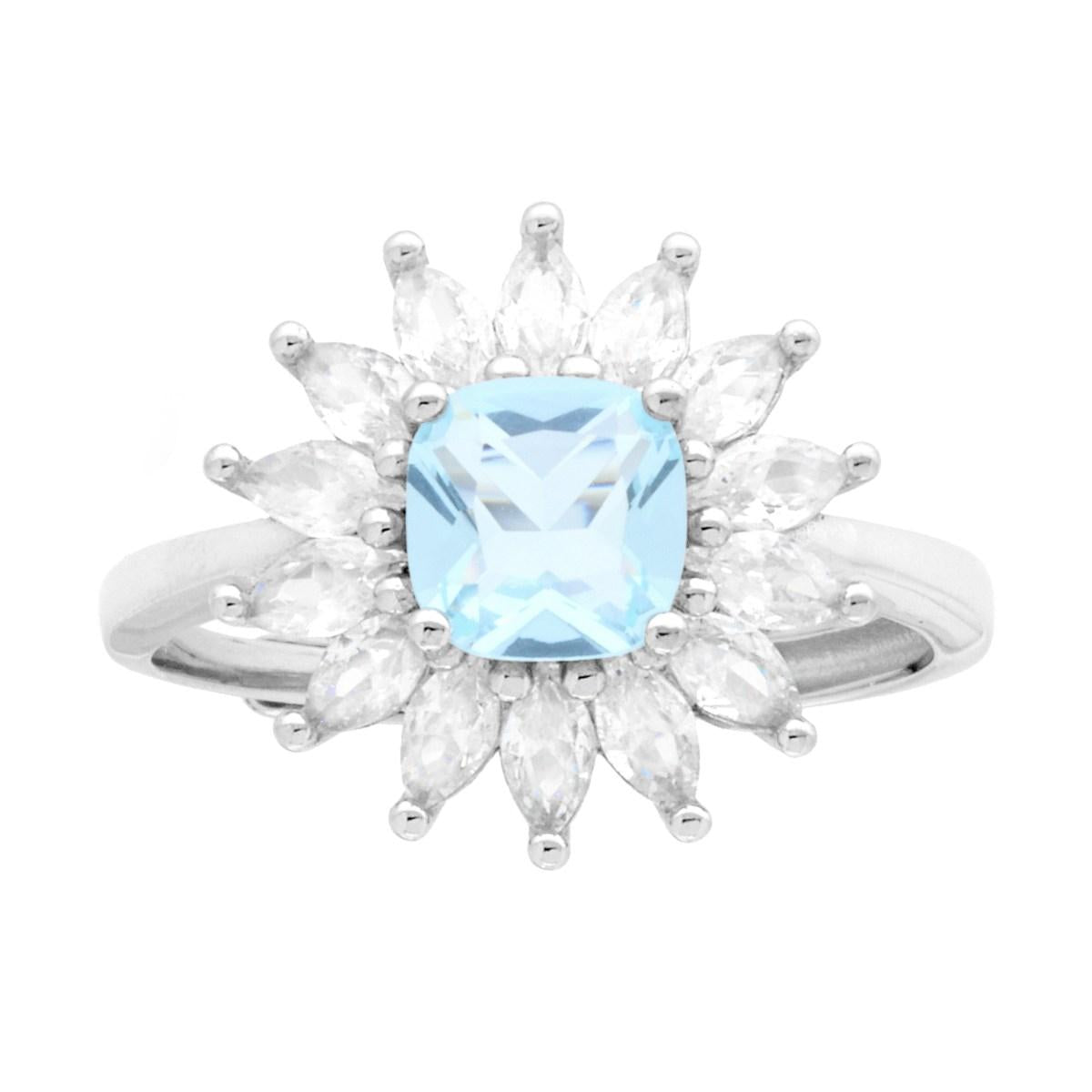 Anello Solitario Quadrato Cushion Acquamarina contornato da Cubic Zirconia Marquise Bianchi in ARGENTO 925 Galvanica Rodio