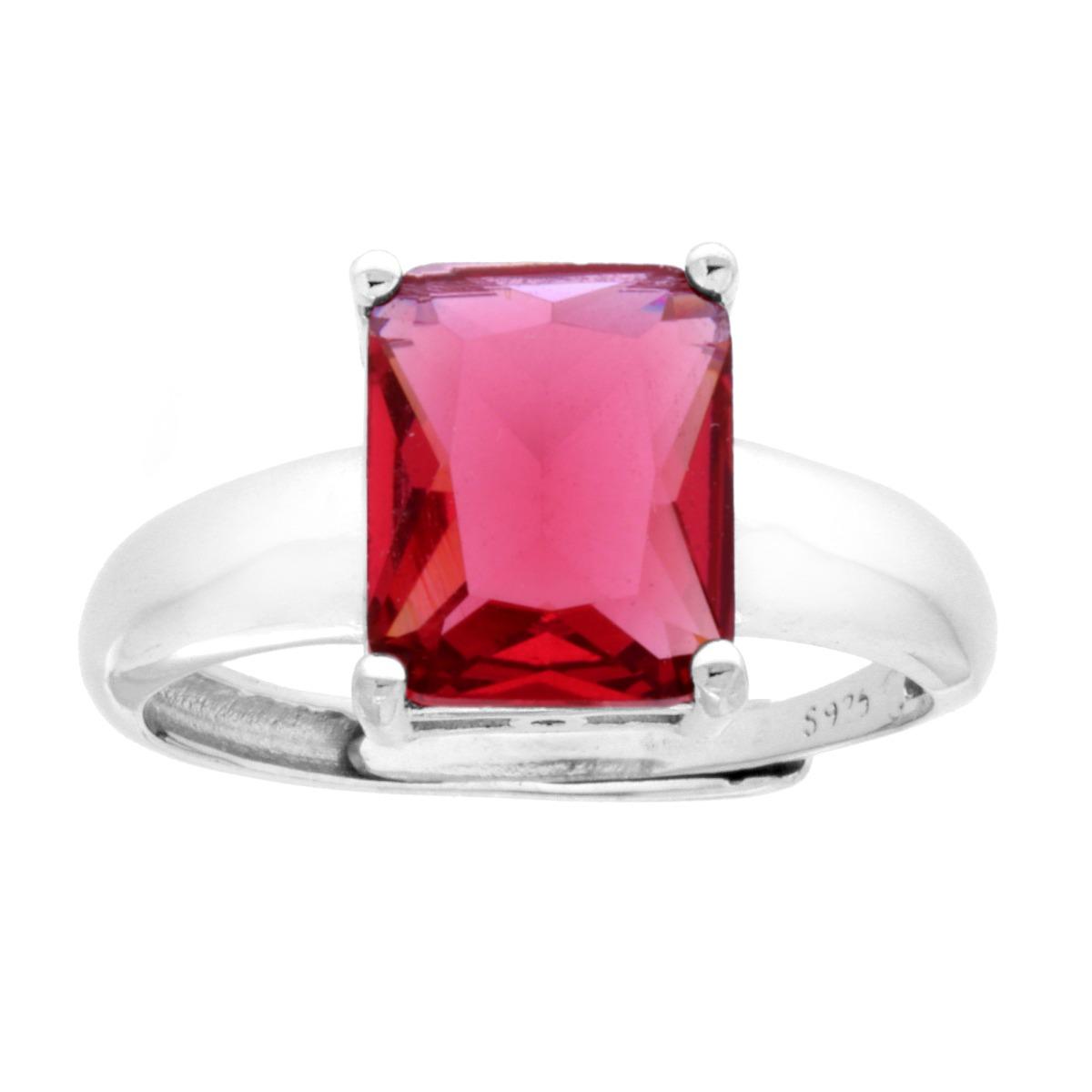 Anello Solitario Rettangolo Cubic Zirconia Rosso Rubino in ARGENTO 925 Galvanica Rodio