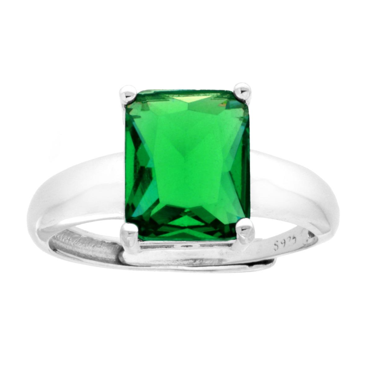 Anello Solitario Rettangolo Cubic Zirconia Verde Smeraldo in ARGENTO 925 Galvanica Rodio
