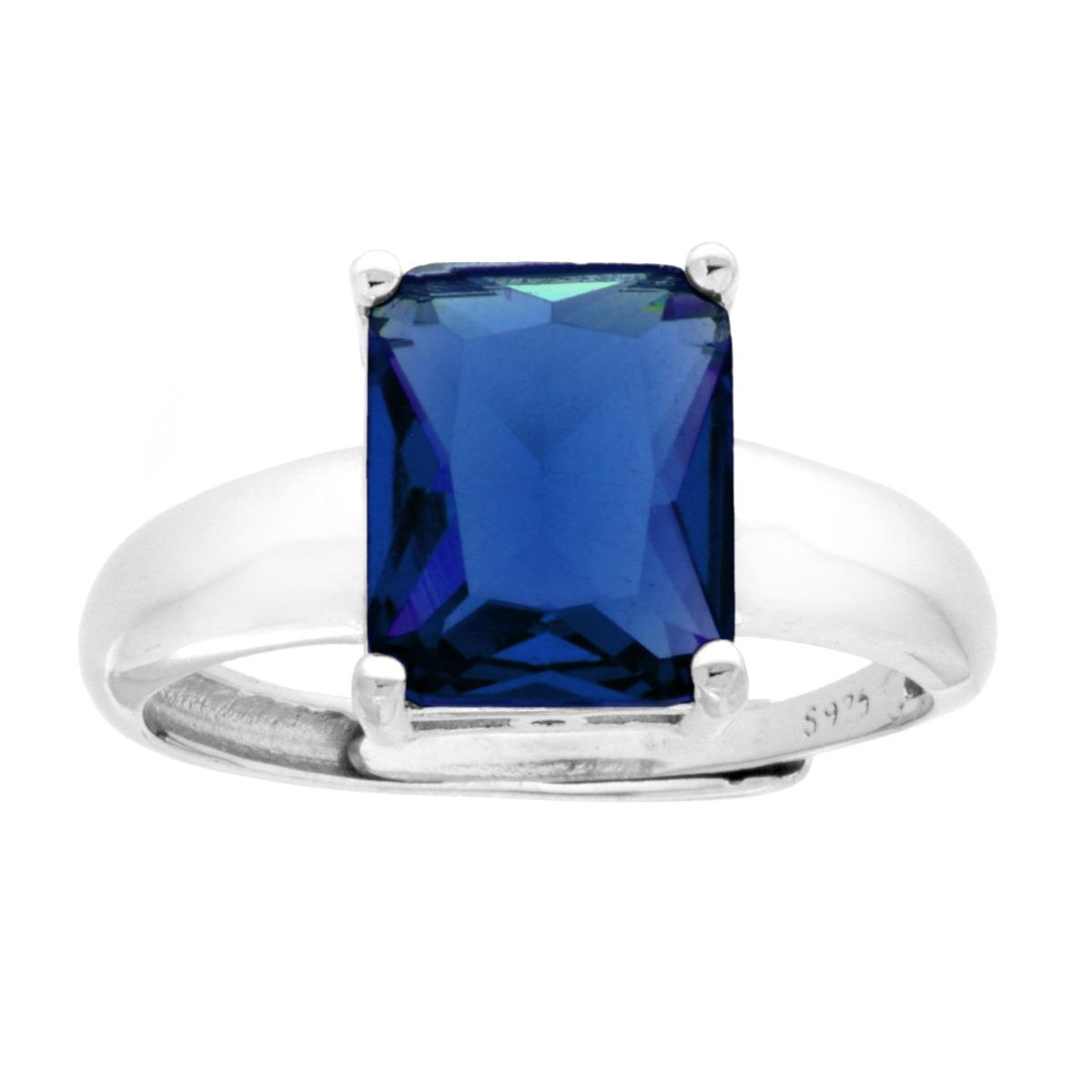 Anello Solitario Rettangolo Cubic Zirconia Blu Zaffiro in ARGENTO 925 Galvanica Rodio