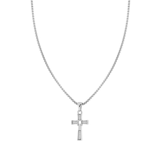 Collana Uomo Catena Veneziana Tonda con Croce con Crystal Bianchi in ACCIAIO