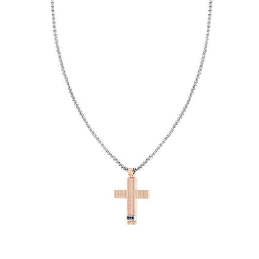 Collana Uomo Catena Veneziana Tonda con Croce Quadrettata Rosa con Crystal Neri in ACCIAIO