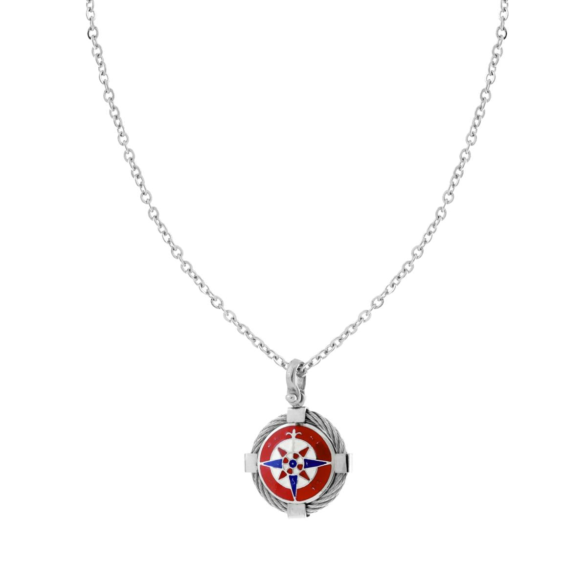 Collana Catena Forzatina Diamantata con Tondo Smalto Multicolor e Rosa dei Venti in ACCIAIO