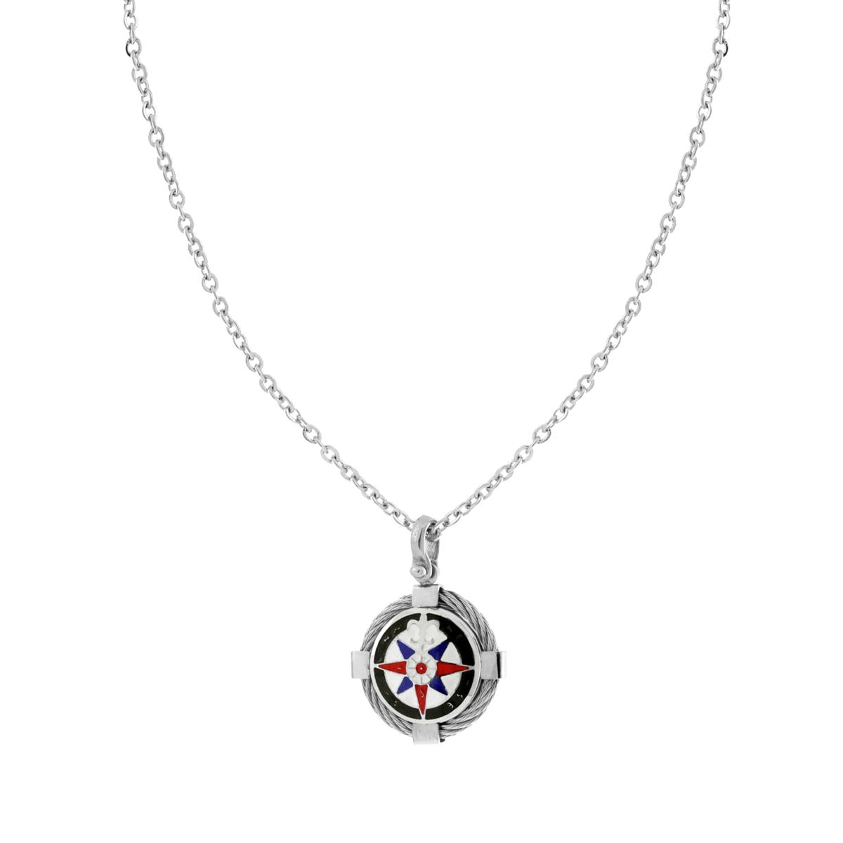 Collana Catena Forzatina Diamantata con Tondo Smalto Multicolor e Rosa dei Venti in ACCIAIO
