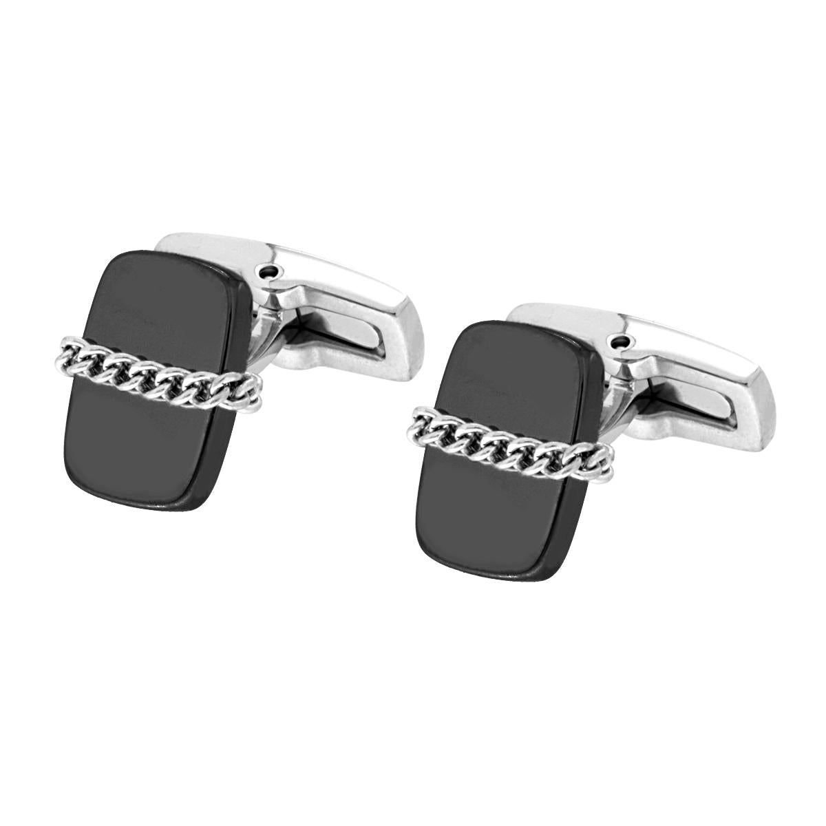 Accessori Gemelli Uomo Rettangolare Nero con Catena Grumetta mm 13 x 15 in ACCIAIO