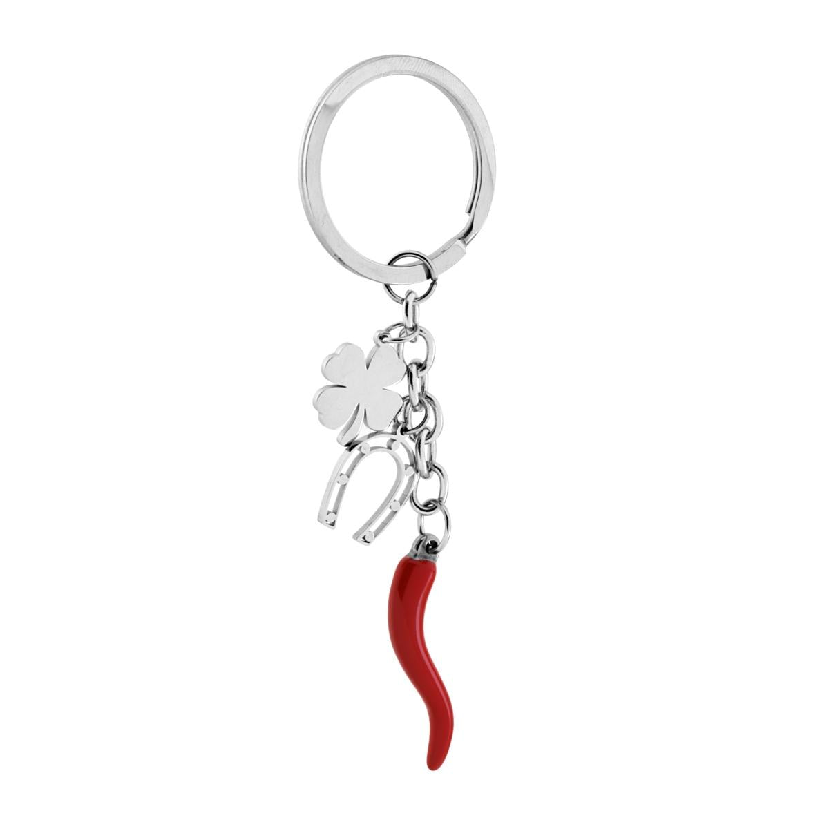 Portachiavi Uomo Donna ad Anello con soggetti Portafortuna Ferro di Cavallo Quadrifoglio e Corno Smalto Rosso in ACCIAIO