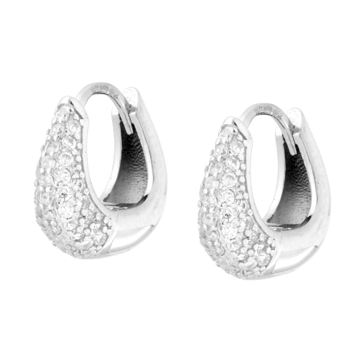Orecchini Cerchio Boccolo Squadrato mm 13 con Cubic Zirconia Bianchi in ARGENTO 925 Galvanica Rodio