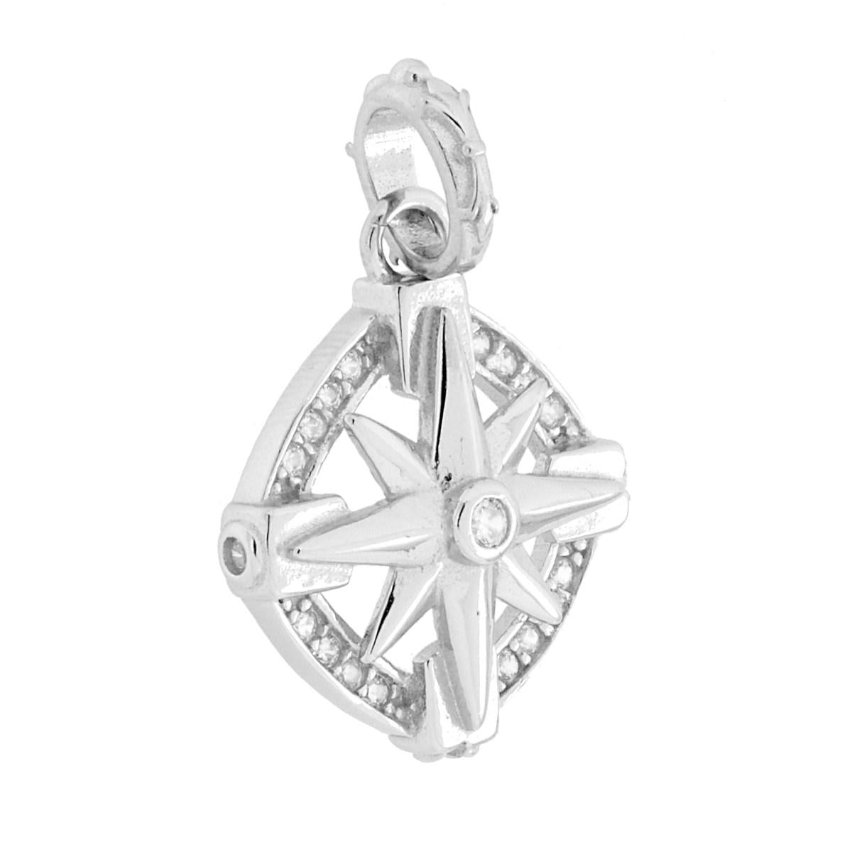 Ciondolo Rosa dei Venti con Cubic Zirconia Bianchi in ARGENTO 925 Galvanica Rodio