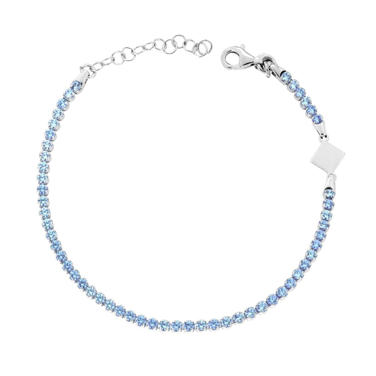 Bracciale Tennis Griffe con Cubic Zirconia Acquamarina con Piastrina Quadrata in ARGENTO 925 Galvanica Rodio