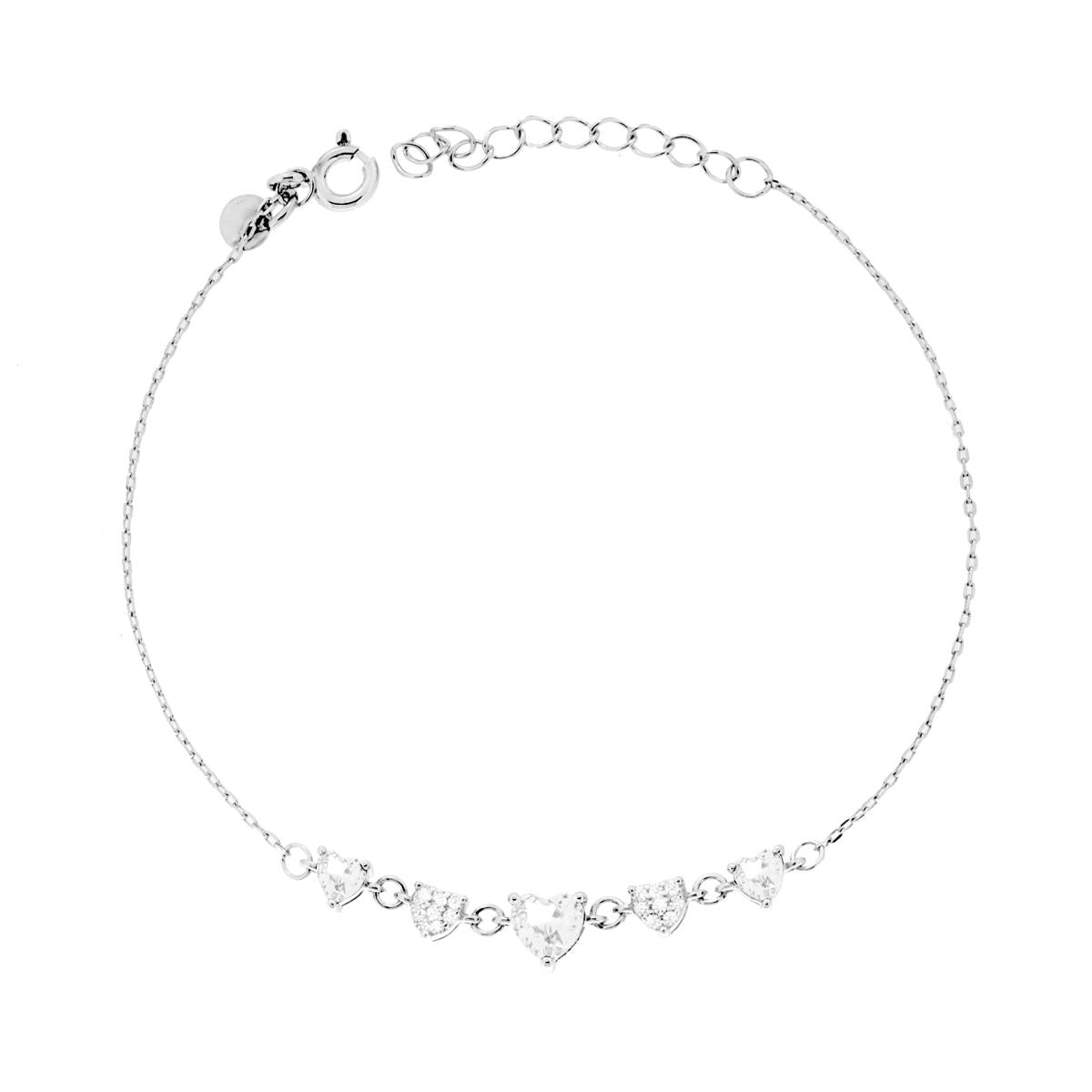 Bracciale Catena Forzatina Diamantata con Cuori Cubic Zirconia Bianchi in ARGENTO 925 Galvanica Rodio