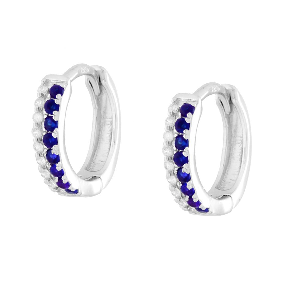 Orecchini Cerchio Scattino con Cubic Zirconia Blu Zaffiro e Bianchi in ARGENTO 925 Galvanica Rodio
