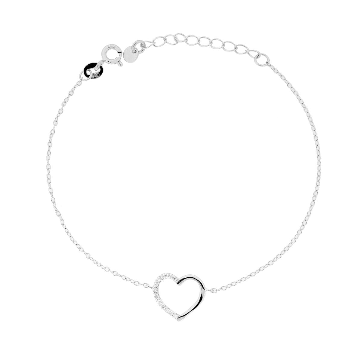 Bracciale Catena Forzatina con Cuore e Cubic Zirconia Bianchi in ARGENTO 925 Galvanica Rodio