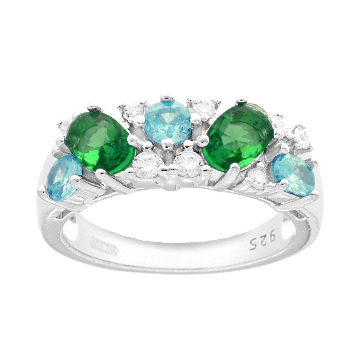Anello con Bouquet di Cubic Zirconia Verde Smeraldo Acquamarina e Bianchi in ARGENTO 925 Galvanica Rodio
