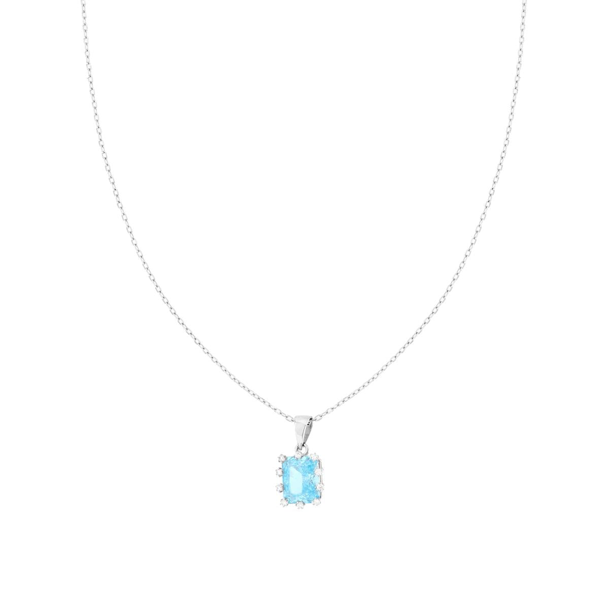 Collana Catena Forzatina Diamantata con Punto Luce Rettangolo Acquamarina con Griffe Fiorite con Cubic Zirconia Bianchi in ARGENTO 925 Galvanica Rodio