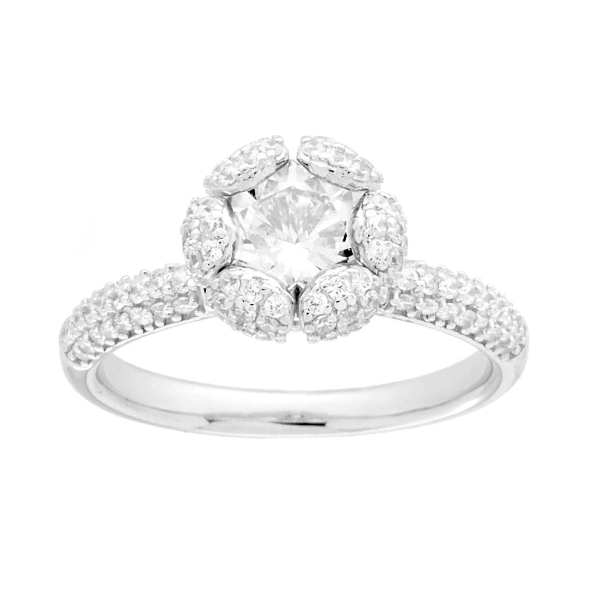 Anello Solitario Bocciolo Fiore con Cubic Zirconia Bianchi in ARGENTO 925 Galvanica Rodio