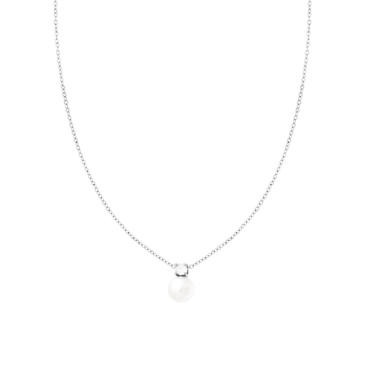 Collana Catena Forzatina Diamantata con Perla e Punto Luce Crystal Bianco in ACCIAIO