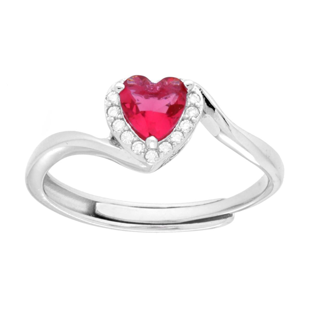 Anello Solitario Cuore Rosso Rubino contornato da Cubic Zirconia Bianchi in ARGENTO 925 Galvanica Rodio