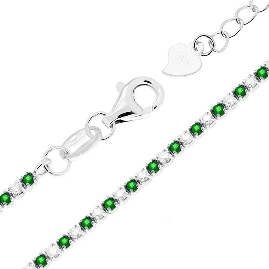 Bracciale Tennis cm 16+3 con Zirconi mm 1.5 alternati Bianchi e Verde Smeraldo in ARGENTO 925 Galvanica Rodio