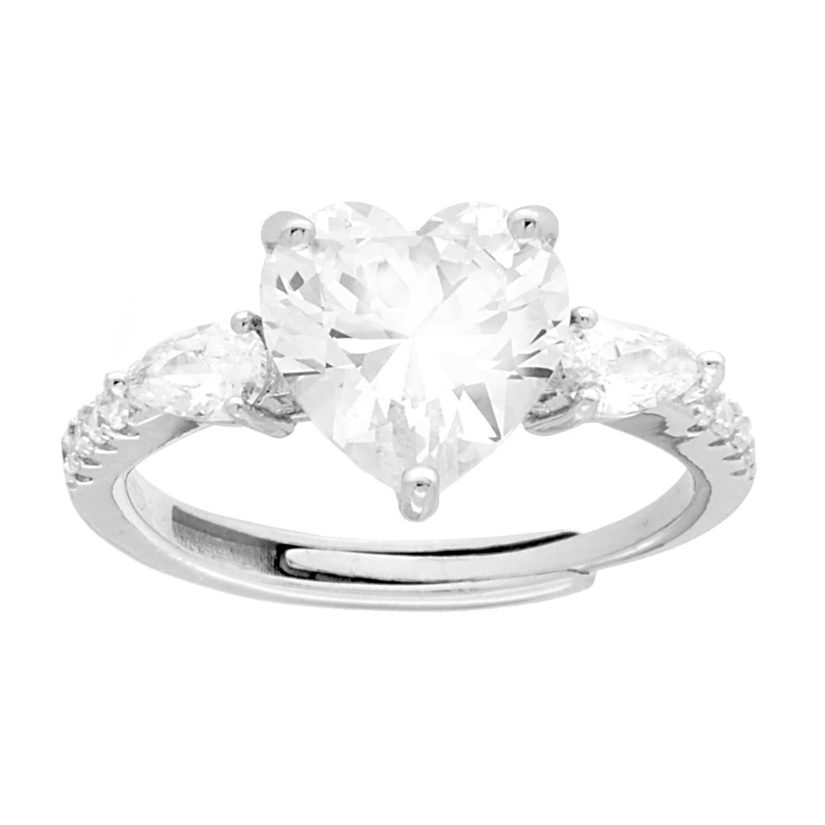 Anello Solitario Cuore con Cubic Zirconia Bianchi mm 10 in ARGENTO 925 Galvanica Rodio
