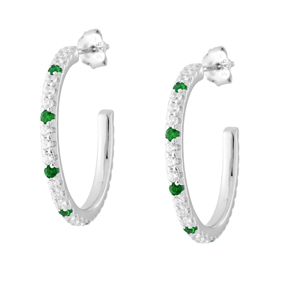 Orecchini Cerchio Cubic Zirconia Verde Smeraldo e Bianchi in ARGENTO 925 Galvanica Rodio