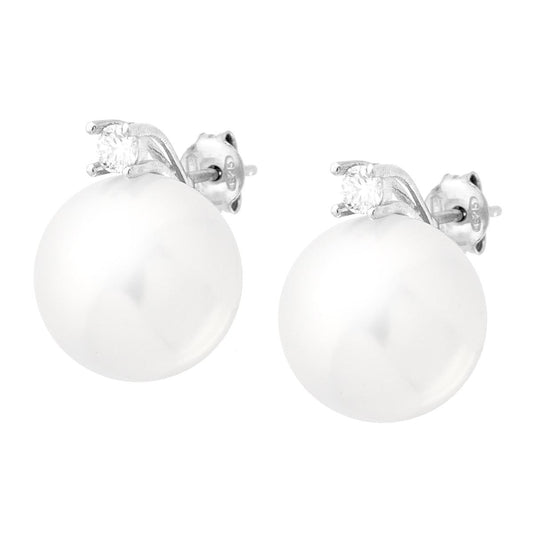 Orecchini Perla mm 14 con Cubic Zirconia Bianco in ARGENTO 925 Galvanica Rodio