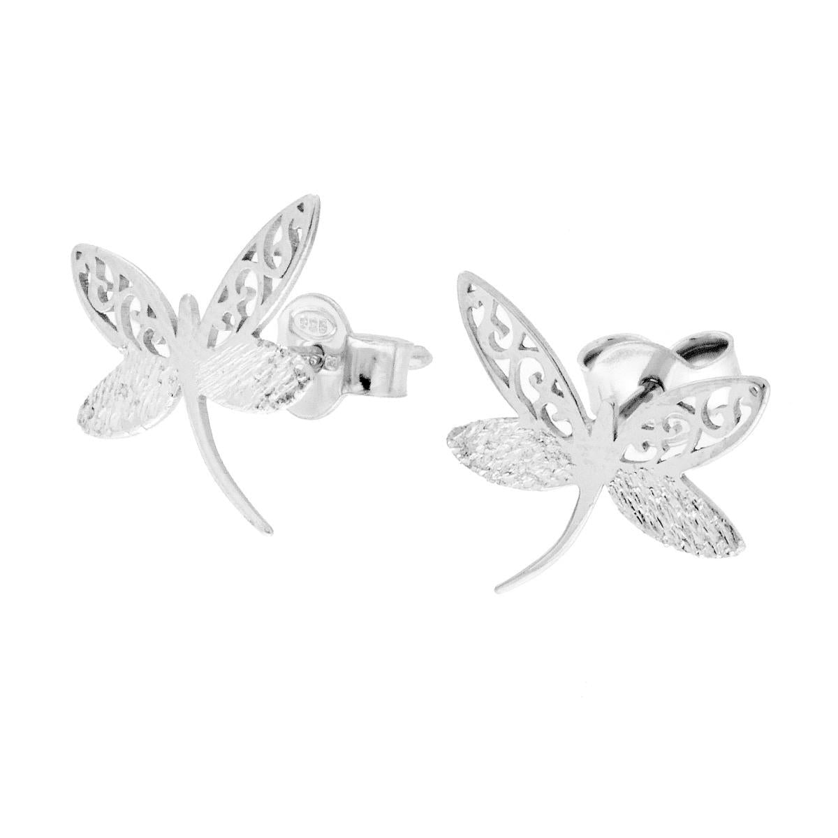 Orecchini Libellula Diamantata Traforata in ARGENTO 925 Galvanica Rodio