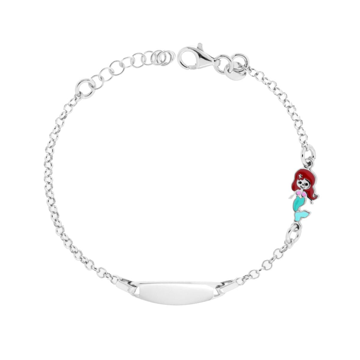 Bracciale Bimbo Bimba Targa Ovale con Catena Rolo e Sirenetta con Smalto Multicolor in ARGENTO 925 Galvanica Rodio