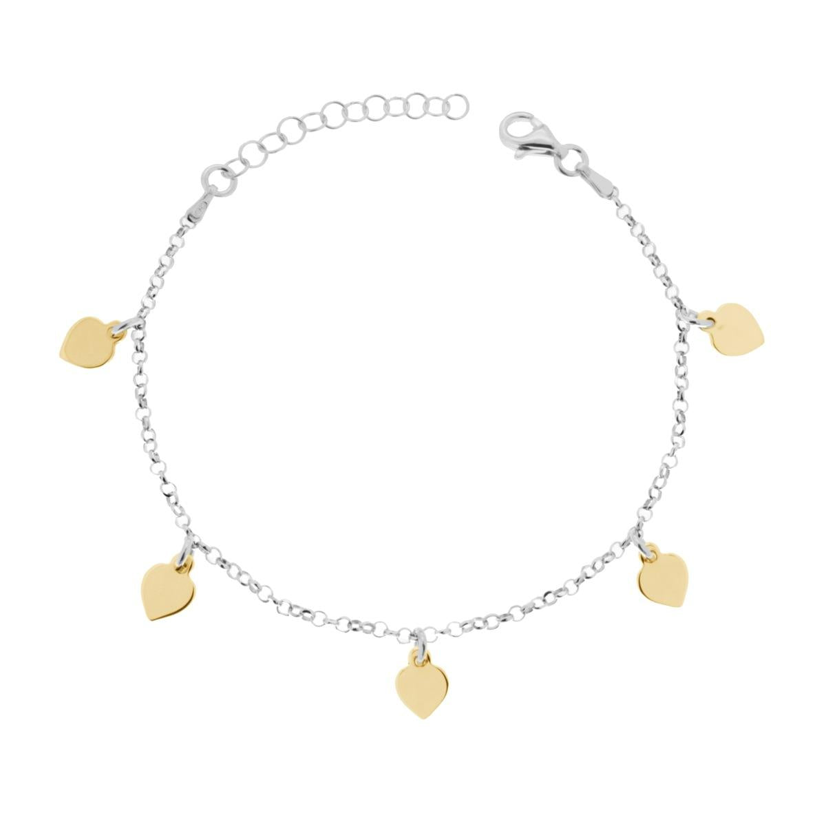 Bracciale Catena Rolo Diamantata con Cuori plain pendenti in ARGENTO 925 Galvanica Rodio e Oro