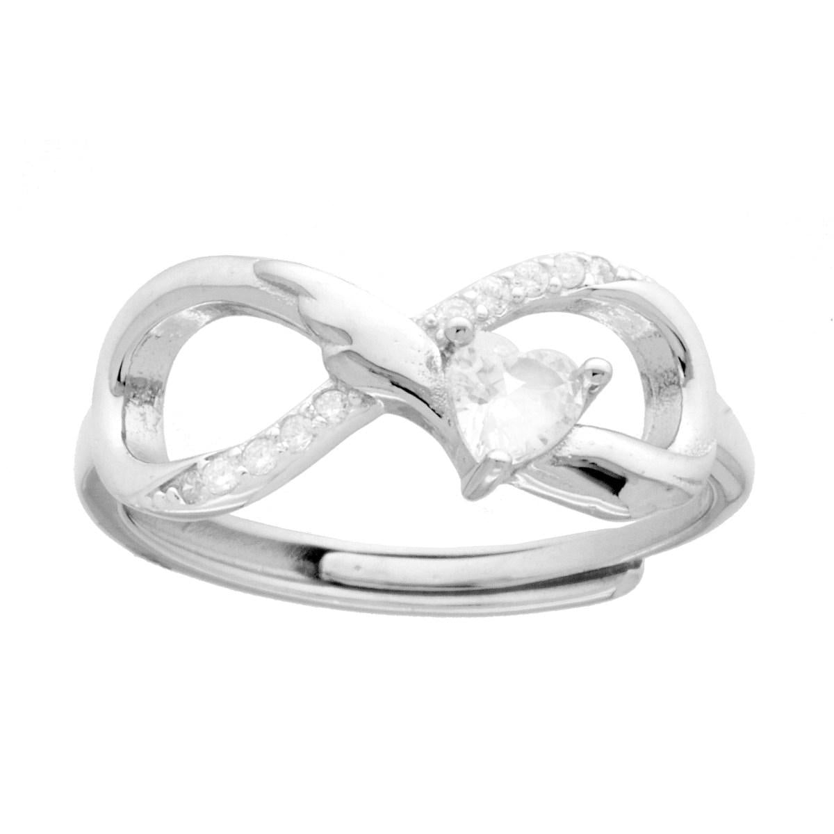 Anello Infinito Cuore con Cuore Cubic Zirconia Bianchi in ARGENTO 925 Galvanica Rodio