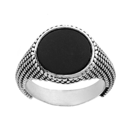 Anello Chevalier Uomo Pallinato con Scudo Tondo con Pietra Onice Nero in ARGENTO 925 Galvanica Rodio