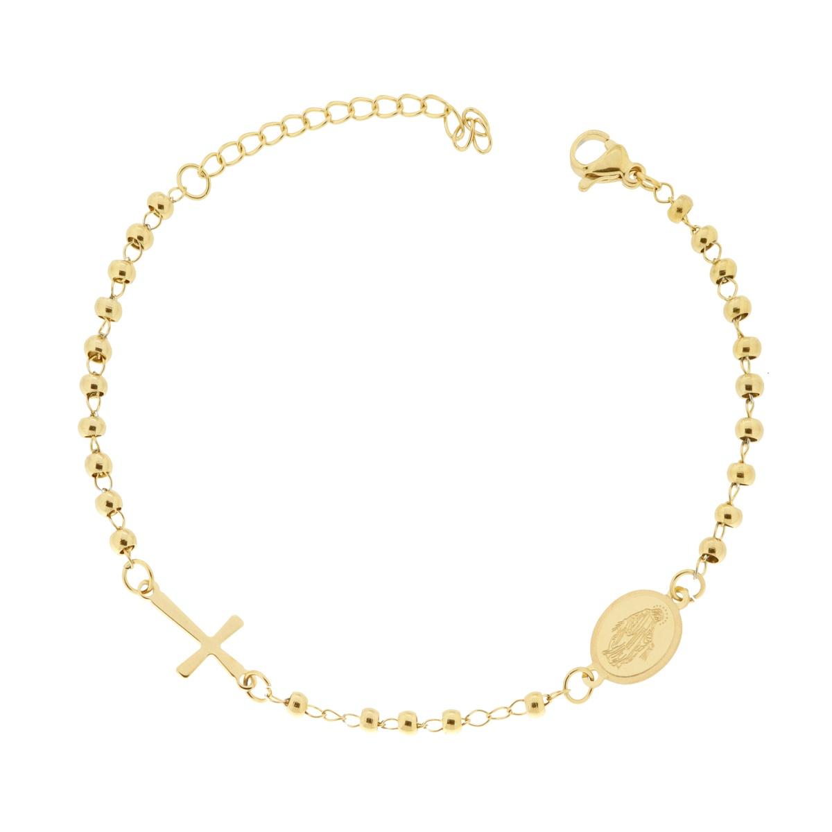 Bracciale Rosario cm 18+5 con Grani Pallina Liscia mm 3 con Croce e Medaglia Madonna in ACCIAIO colore Oro