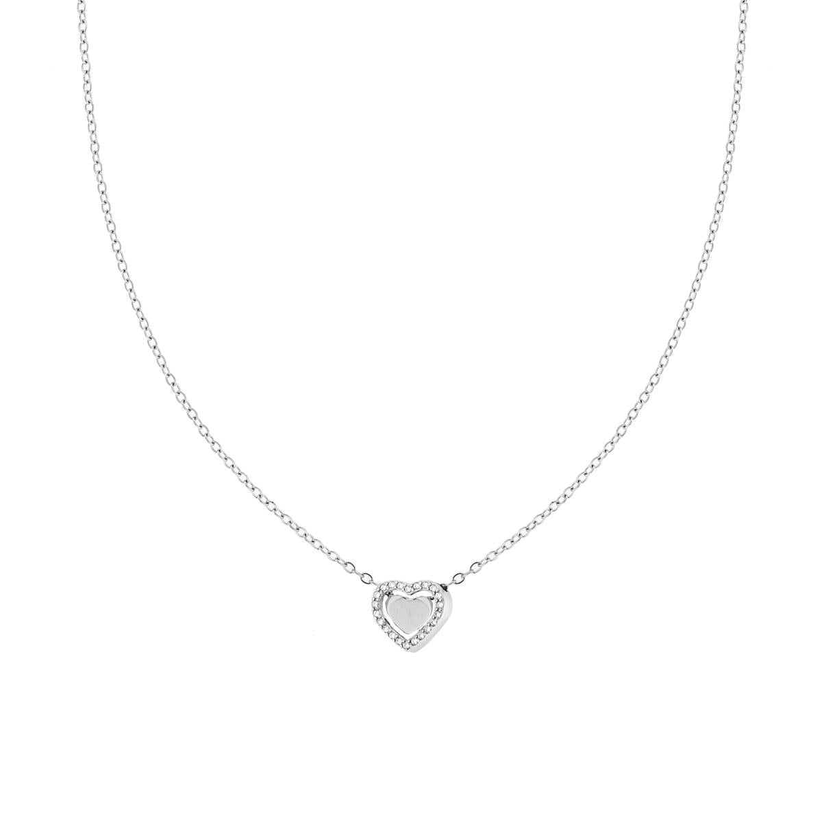 Collana Catena Forzatina Diamantata con doppio Cuore e Crystal Bianchi in ACCIAIO