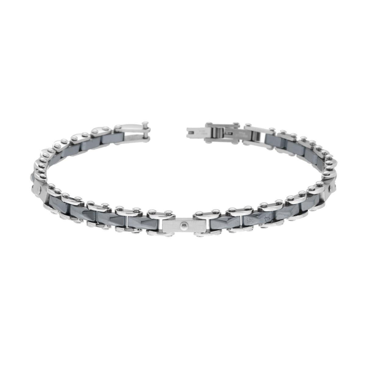Bracciale Uomo Catena Imperniata con Ceramica color Antracite Bugnata in ACCIAIO
