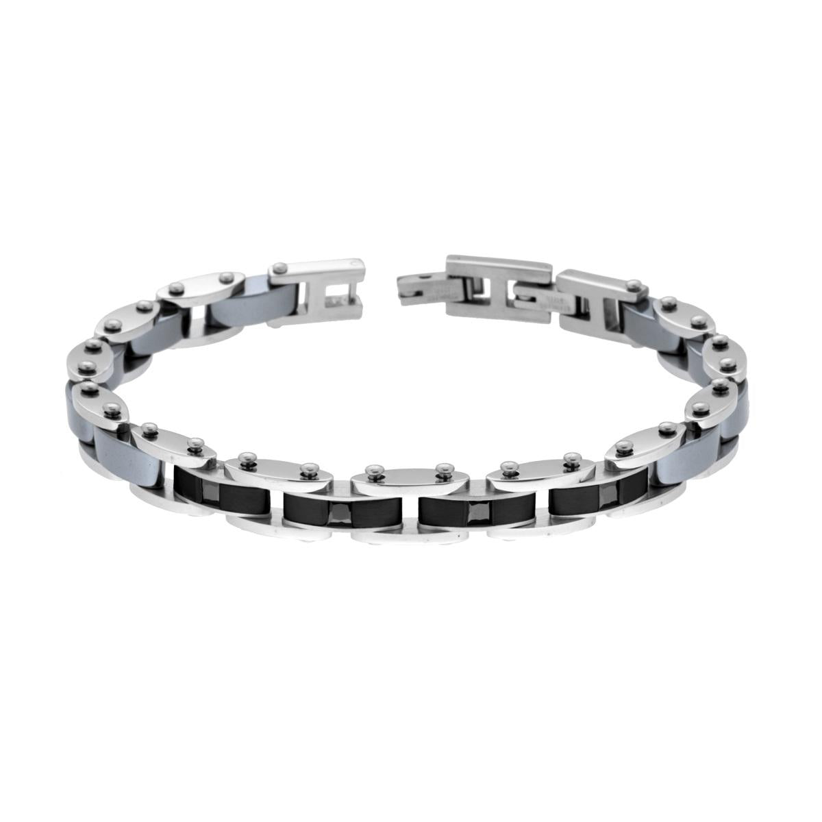 Bracciale Uomo Catena Imperniata Satinata colore Nero con Ceramica Grigio Antracite e Crystal Neri Carre in ACCIAIO