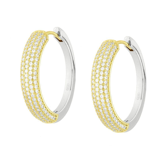Orecchini Cerchio Creola con Cubic Zirconia Bianchi in ARGENTO 925 Galvanica Rodio e Oro
