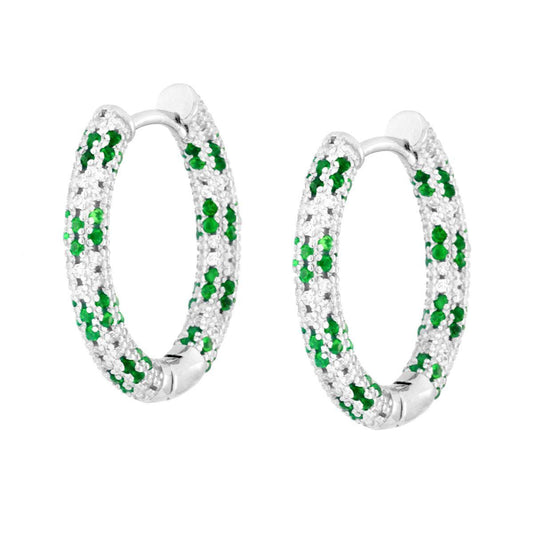 Orecchini Cerchio Creola con Cubic Zirconia Verde Smeraldo e Bianchi in ARGENTO 925 Galvanica Rodio