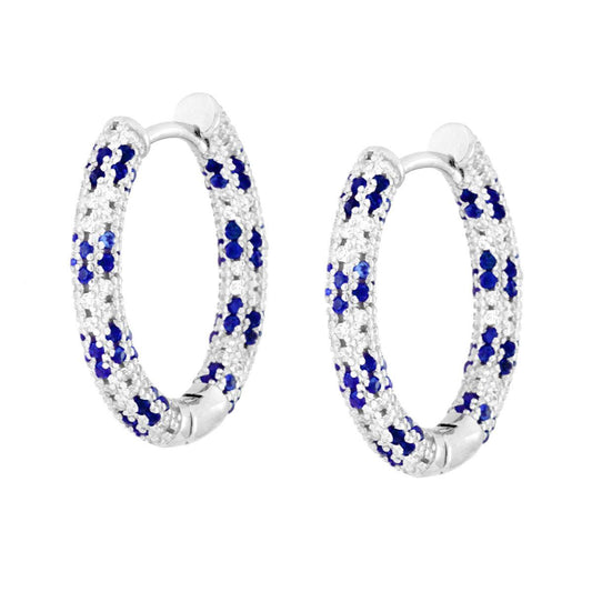 Orecchini Cerchio Creola con Cubic Zirconia Blu Zaffiro e Bianchi in ARGENTO 925 Galvanica Rodio
