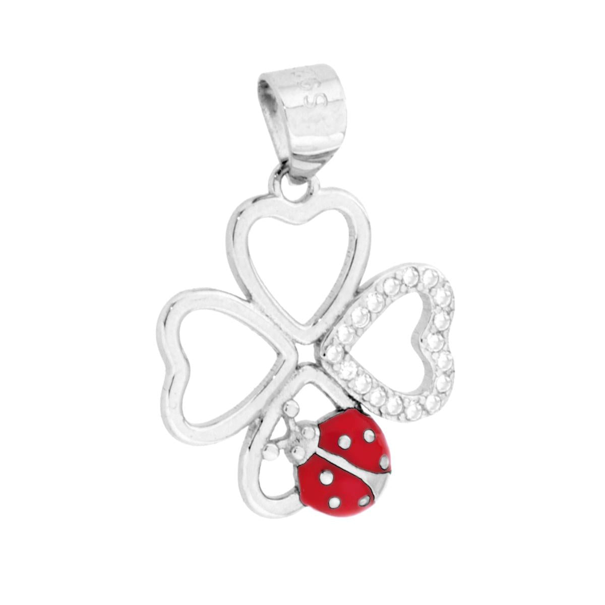 Ciondolo Quadrifoglio e Coccinella Smalto Rosso portafortuna con Cubic Zirconia Bianchi in ARGENTO 925 Galvanica Rodio