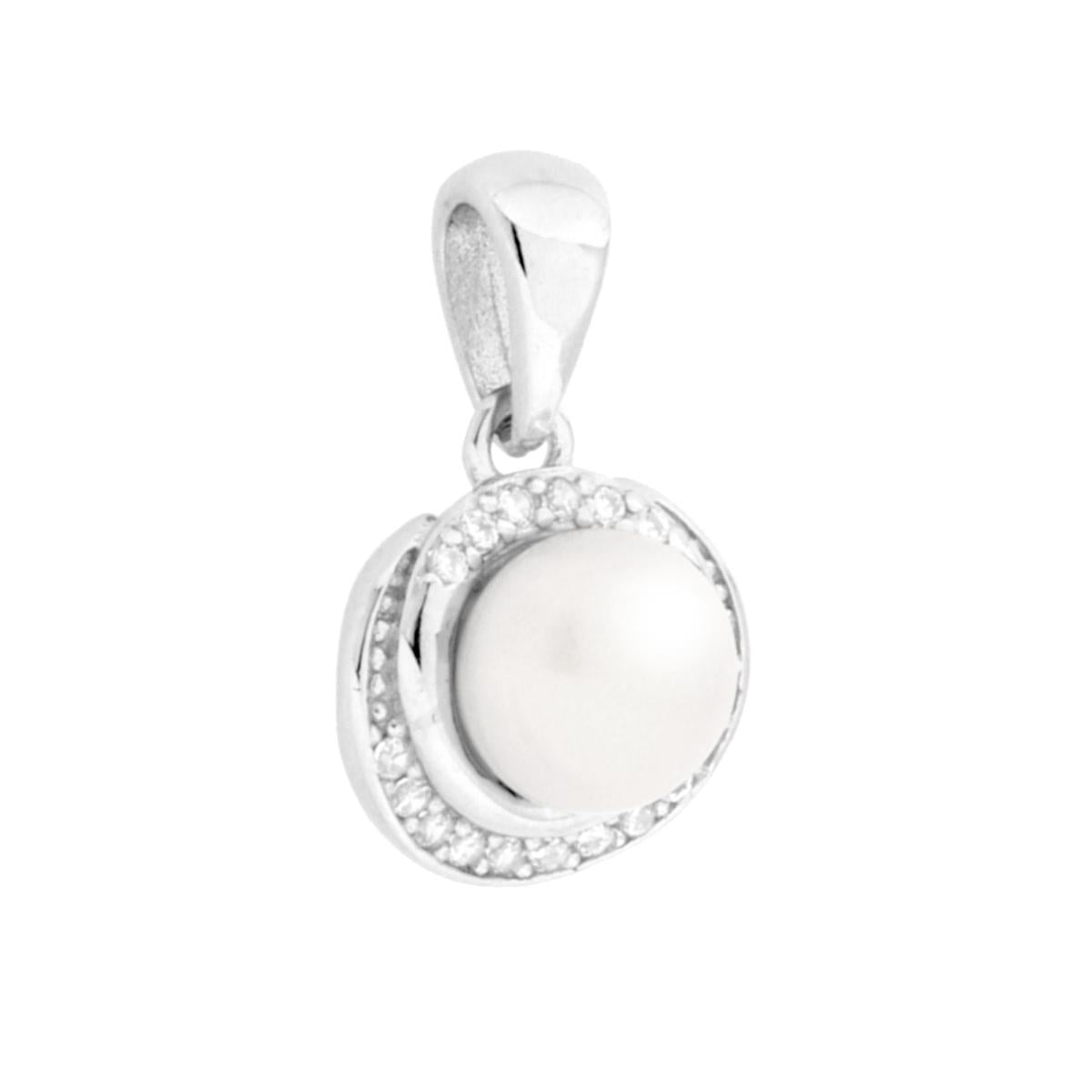 Ciondolo Perla contornata da Cubic Zirconia Bianchi in ARGENTO 925 Galvanica Rodio