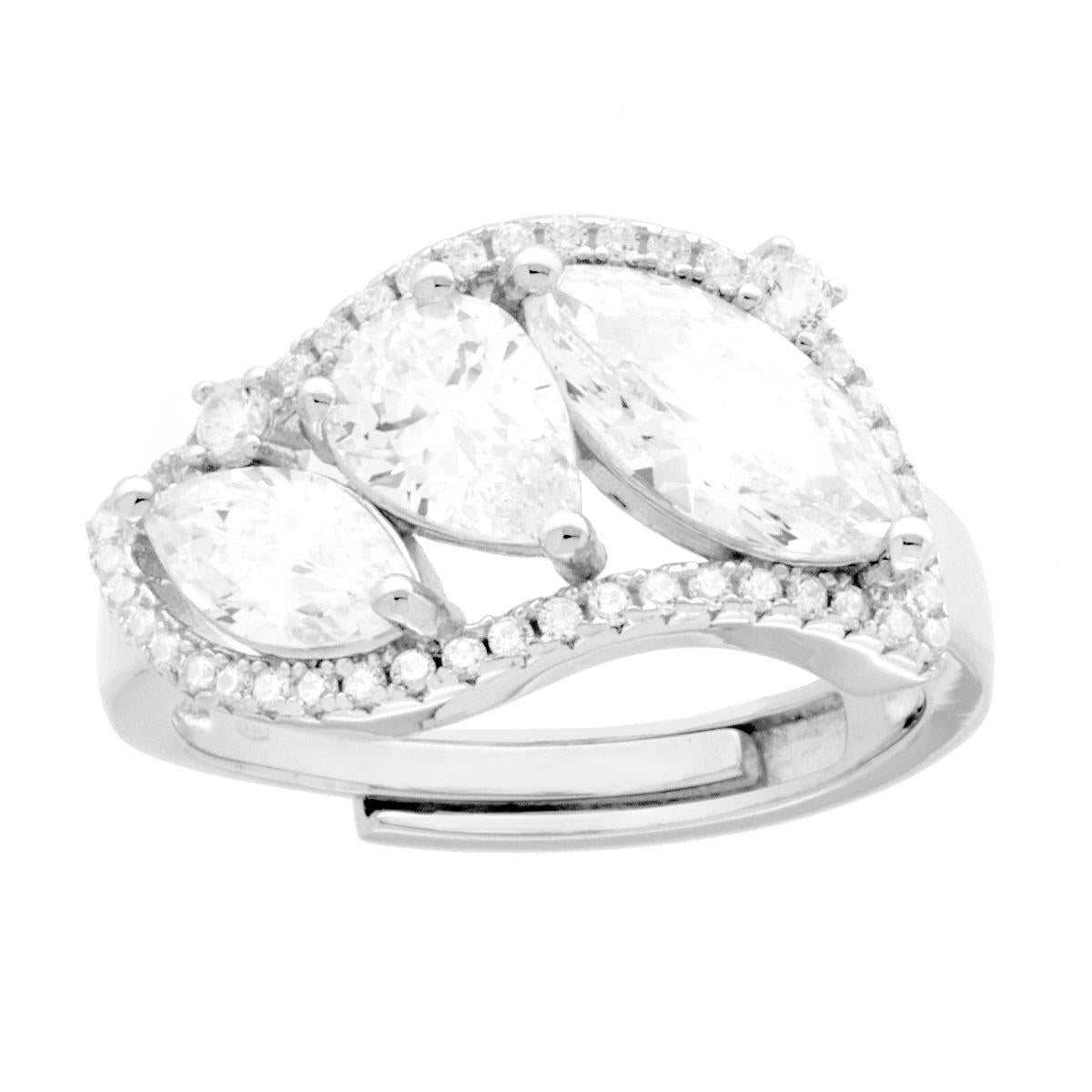 Anello Trilogy Fantasy Foglia con Cubic Zirconia Bianchi Marquise Goccia in ARGENTO 925 Galvanica Rodio