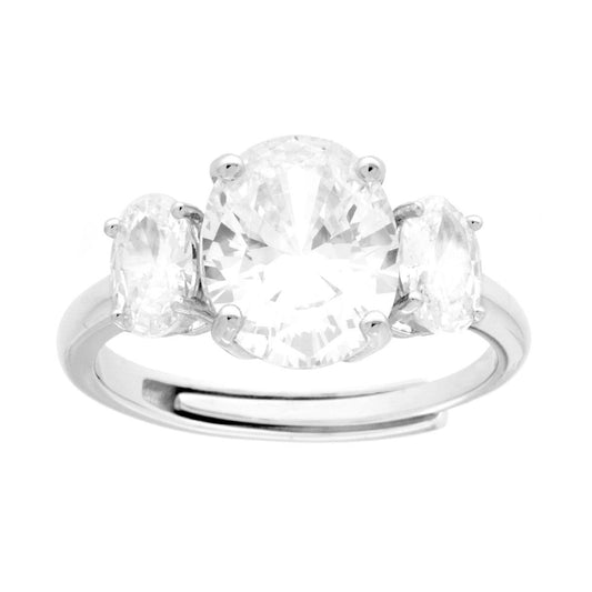 Anello Trilogy con Cubic Zirconia Bianchi Ovali in ARGENTO 925 Galvanica Rodio