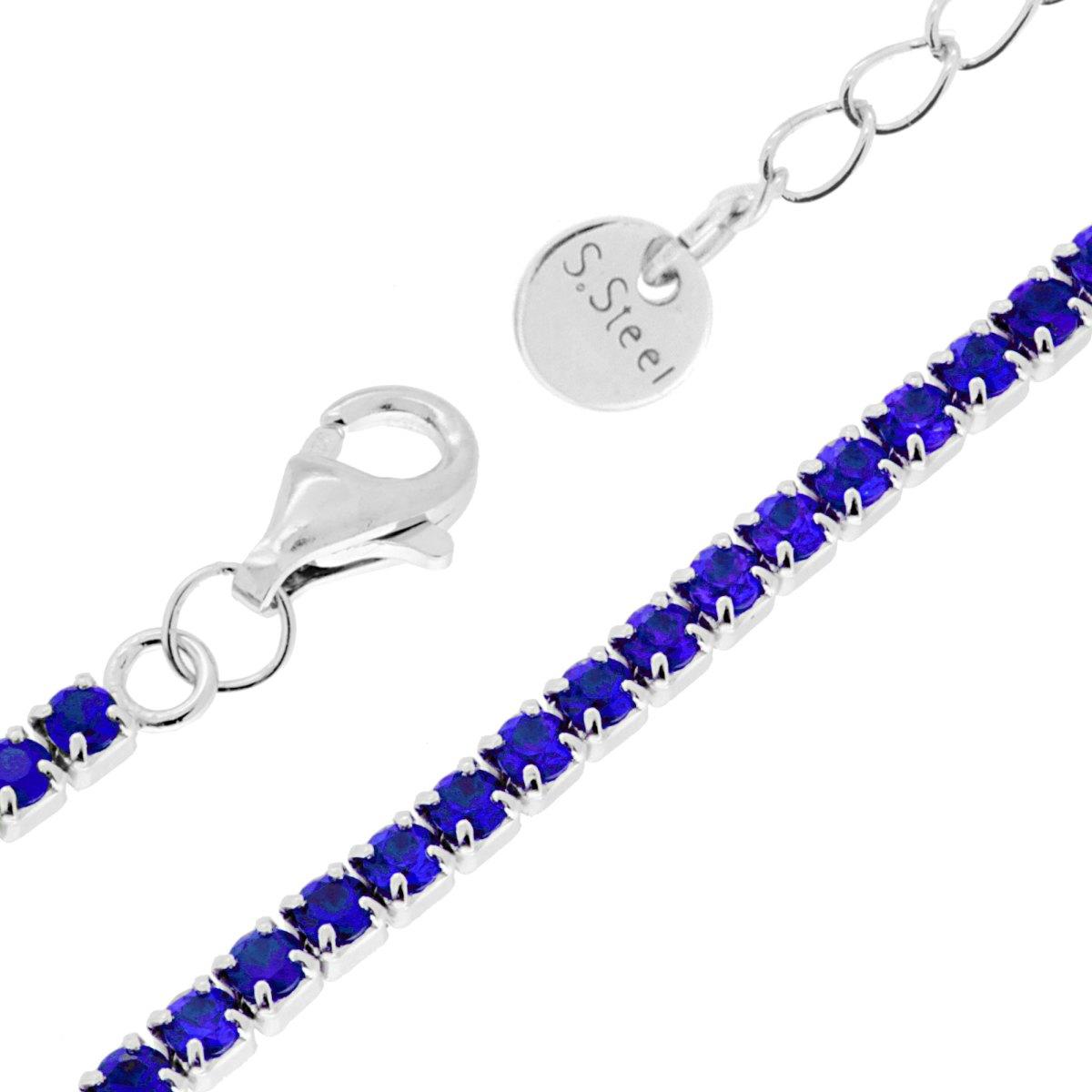 Bracciale Tennis Griffe cm 17+5 con Crystal mm 2 Blu Zaffiro in ACCIAIO