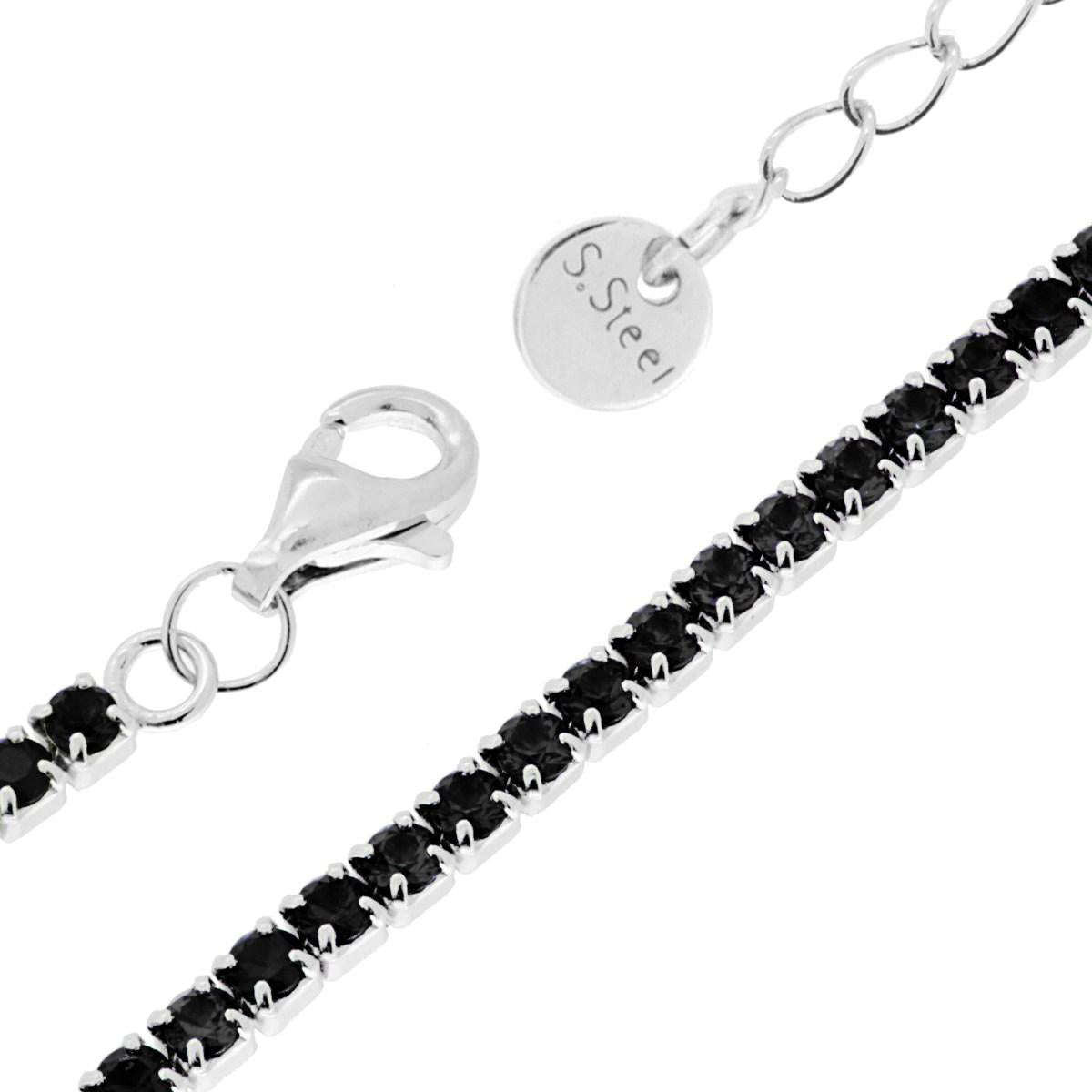 Bracciale Tennis Griffe cm 17+5 con Crystal mm 2 Neri in ACCIAIO