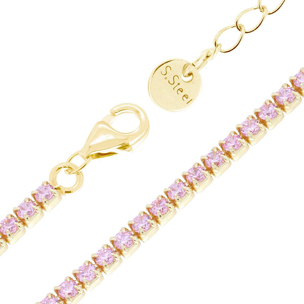 Bracciale Tennis Griffe cm 17+5 con Crystal mm 2 Rosa in ACCIAIO colore Oro